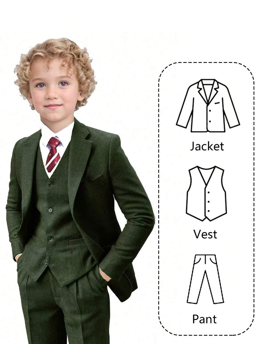 Tween Boys Suits Tweed 3-Pieces Suit Set Toddler Tuxedos Dresswear Ring Bearer Outfit Wedding Blazer Vest Pants Formal Suits For Kids Dark Green Size 6-14Y - Dark Green - View 1