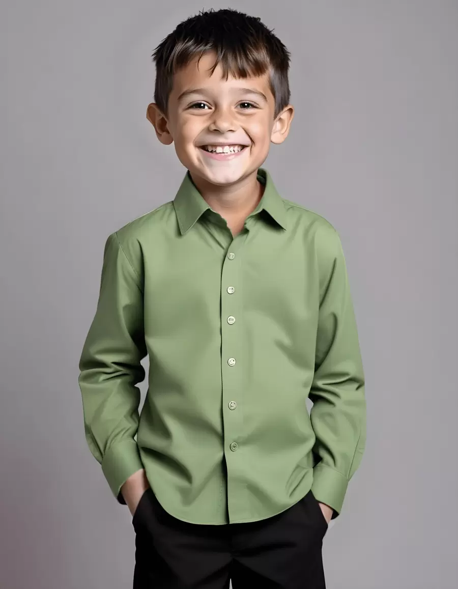 Children's White Long Sleeve Button Down Shirt Premium Line - Green - View 1