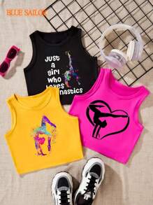 3pcs BLUE SAILOR Girls' Gymnastics Tank Tops, Polyester Knit Fabric, Scoop Neck, Alphabet Pattern, Regular Fit, Summer Vests For Youngsters - Multicolor - View 1