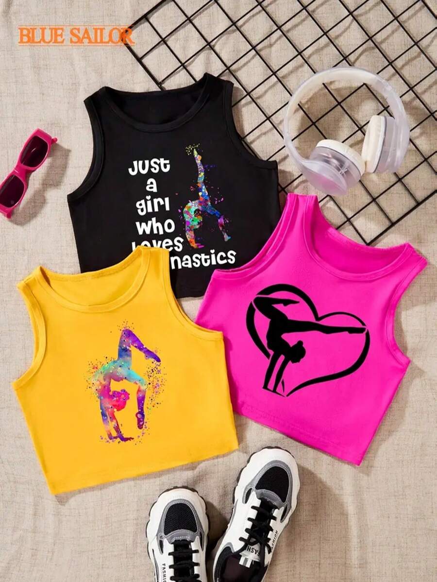 3pcs BLUE SAILOR Girls' Gymnastics Tank Tops, Polyester Knit Fabric, Scoop Neck, Alphabet Pattern, Regular Fit, Summer Vests For Youngsters - Multicolor - View 1