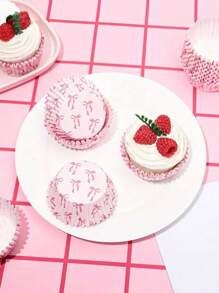 50/100pcs Pink Bow Cupcake Liners, Baking Muffin Paper Cups, Pink Theme Party Cake Baking Cups, Mother's Day Cake Cups, Valentine's Day Cake Cups, Japanese Mochi Paper Cups - Pink - View 3