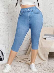 Plus Size Women High Stretch Tight 3/4 Leggings, All-Over Bowknot Print Design Casual Comfortable Knitted Pants, Suitable For Sports, Outdoor Activities - Baby Blue - View 4