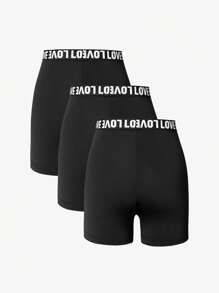 3-Piece Teen Girls Letter Elastic Waist Cycling Sports Shorts (YY750) - Black - View 2