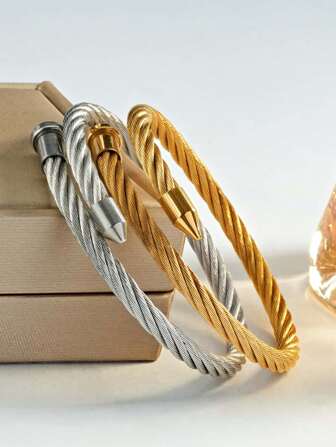 2 piezas/1 pieza Brazalete unisex casual de diseño de tornillo de alambre chapado en oro de 18K de acero inoxidable, adecuado para uso diario de hombres y mujeres en todas las estaciones