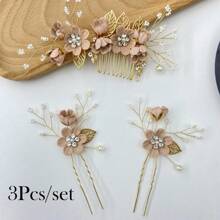 2/3/4 piezas Pasador de pelo con flores y perlas de imitación para mujer, y 1 peineta para bodas, fiestas, tocados estilo bohemio