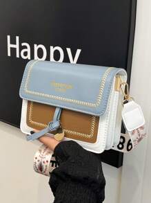 女士时尚包包，多功能新款斜挎包，休闲，撞色，小方包，宽肩带，适合聚会约会学校户外礼物 - 藍色 - 查看 6