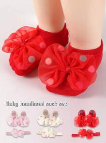 1 Pair Girls' Anti-Slip Crawler Socks With Bow Headband, Cute Warm Indoor Trampoline Socks, Suitable For Spring/Summer - Multicolor - View 6