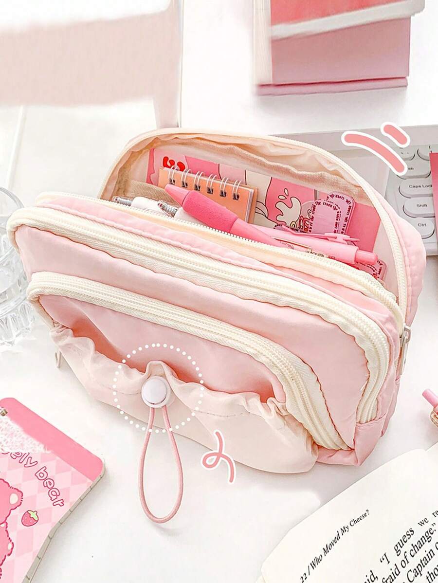 Estuche de lápices con cordón de gran capacidad, bolsa de bolígrafos de doble capa con color crema, papelería para niñas, regalos de vuelta a la escuela