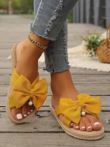 Summer New Women Slippers, Straw Braid House Slippers, Non-Slip Outdoor Hanging Pearl Bow Slippers, Flat Heel Sandals