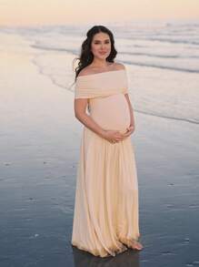 JustVH Maternity Off-Shoulder Party Dress Pleated Hem Women Baby Shower Maxi Gown