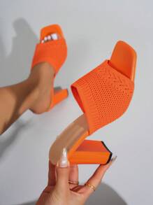 Damen Offener Zehenpartie Slide Sandalen mit dekorativem Riemen, atmungsaktiver einfarbiger Stoffstoff, eckige Zehenpartie, minimalistischer modischer Stil, geeignet für Shopping, Reisen, Partys, Dates, orangefarbenes gestricktes Material Sommer Damen High Heel Slide Sandalen