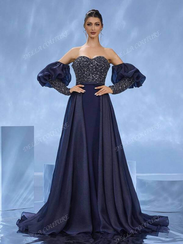 DELLA COUTURE Women's Elegant Navy Blue Heavy Satin Evening Gown Strapless Bubble Sleeve Slim Floor Length Gown With Delicate Beaded Sequins, Striking C-Suite Dresses For Red Carpet Evening Formal Banquets, Stylish Slimming Designs For Elegant Occasions