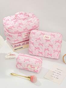 1 Peça Bolsa de Cosméticos Quadriculada Rosa para Mulher, com Zíper e Portátil, Fashionável e Fofa com Grande Capacidade, Acolchoada, Adequada para Armazenamento de Cosméticos, para Presente de Aniversário, para Dia da Mãe, Conjunto de Viagem de Estilo Doce