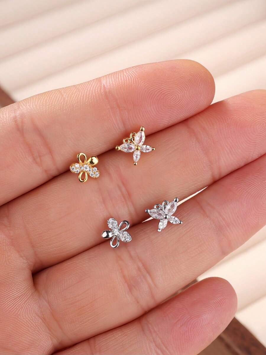 2Pcs Nose Rings Stud L Shape Nose Rings Cubic Zirconia Butterfly Flower Shape Nose Studs Piercing Jewelry For Women Men