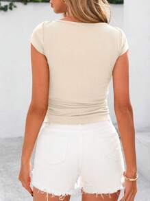 Women Summer Short Sleeve Y2K Shirt Crew Neck Ribbed Knit Stretchy Ruched Slim Fit Basic T-Shirt Workout Street Going Out Tee Shirt Tops - 米色 - 查看 2
