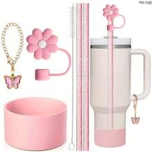 Set de 6 accesorios para taza de 40oz/30oz, incluye pajita con purpurina y cepillo, tapa con diseño de flor, bota de silicona, cadena con dije de mariposa, perfecto para deportes al aire libre, ideal como regalo para el Día de San Valentín, Día de la Madre y útiles escolares