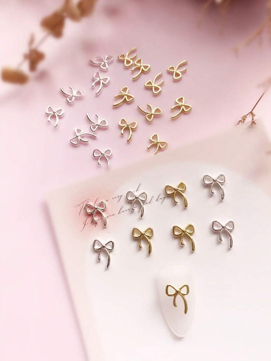 30片/套金色蝴蝶结设计金属美甲贴纸，Y2K风格优雅3D美甲装饰，适合长短指甲，女士美甲用品 - 彩色 - 查看 1
