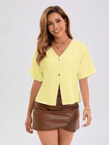 Women's Fashionable And Elegant V-Neck Batwing Sleeve Casual Blouse - Yellow - View 4