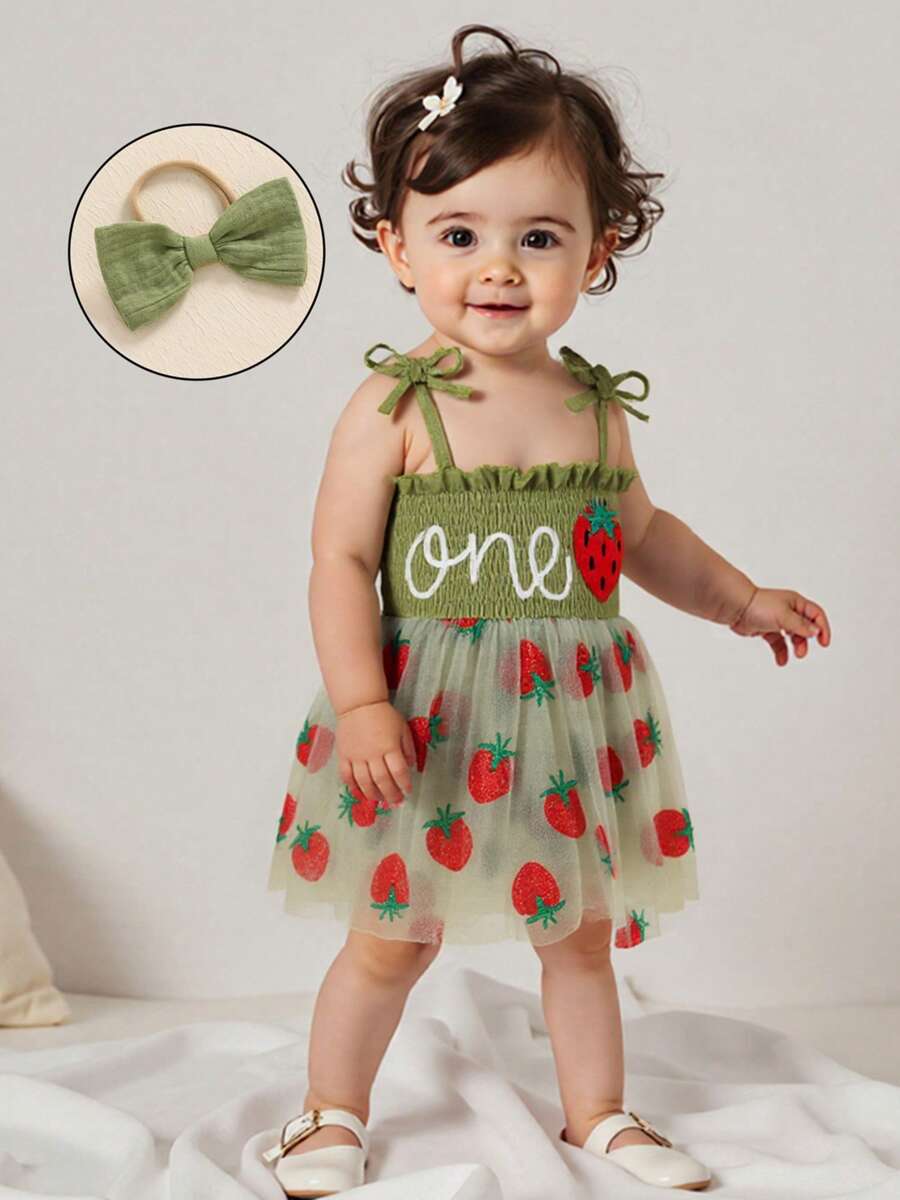 Baby Girl First Birthday Outfit Summer Sleeveless Smocked Fairy Berry One Romper Tulle Dress Baby Girl 1st Birthday Clothes One Year Old Tulle Romper Sleeveless Bodysuit Cake Smash Outfits + Headband - 綠色 - 查看 1
