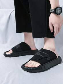 Men's Fashionable Versatile Height Increasing Slide Sandals, Thick Sole Hook-And-Loop, Summer - Black - View 3