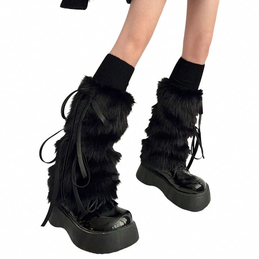 Women's Faux Fur Leg Warmers Ribbed Top Leg Warmers Boot Covers Carnival Costume Accessory - Black - View 1