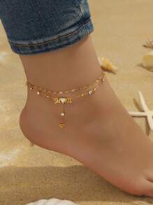 1pc Multi-Layer Gold-Plated Stainless Steel Chain With MOM Letter & Heart Pendant Anklet - Gold - View 4
