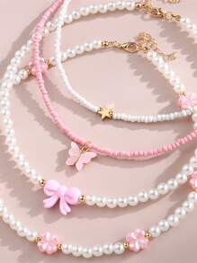 4pcs/Set Handmade Beaded Necklace Set For Women, Elegant Fashion Choker, Kawaii Party Flower Star Bow Pendant, Faux Pearl Bead, Minimalist Jewelry, Gift For Girlfriend