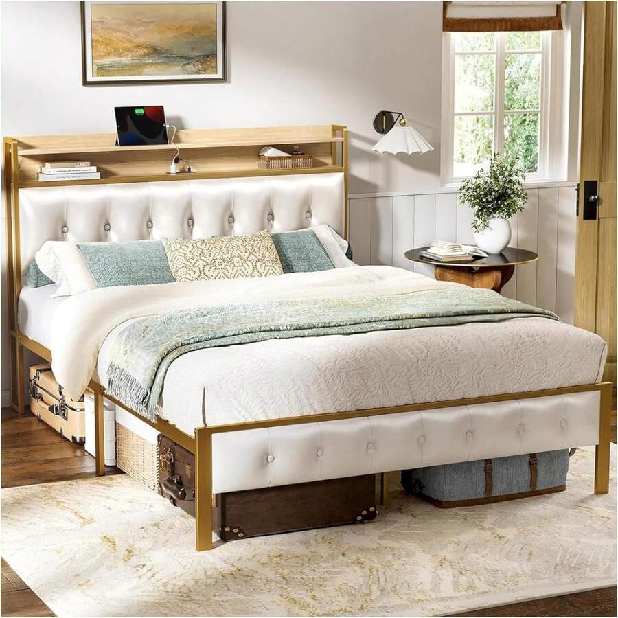 Base Cama Matrimonial - Cabecera Matrimonial Tapizada con Luces Led 2 Salidas de CA y 2 USB - Box Matrimonial con Plataforma de Metal, Antideslizante, sin Ruido (Blanco) - Multicolor - Ver 1