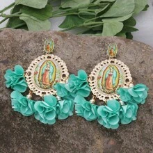 1pair Bohemian Floral Drop Earrings For Women Long Religious Flower Dangle Earrings, Festival Party Jewelry, Vacation Style Accessories