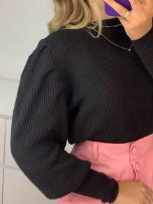 Women's Winter Cold Weather Puff Sleeve Princess Long Pleated Knit Sweater Top - 黑色 - 查看 4