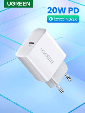  UGREEN 20W USB C 充电器 PD 快速充电器 USB-C 电源传输壁式充电器适配器兼容 、Pixel、Galaxy、iPad、手表，适用于旅行、办公室、宿舍和家庭快速充电