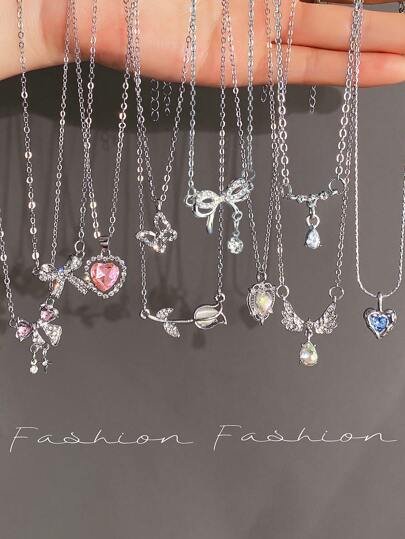 Conjunto de 5 a 8 piezas de collares con dije de corazón, mariposa, tulipán y lazo de estilo Y2K, joyas brillantes como regalo para mujeres, adecuado para el Día de San Valentín y fiestas