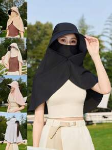1pc Solid Color Large Brim Hat With Detachable Face Mask, Shoulder Cape For Sun Protection Polyester, Spring Season