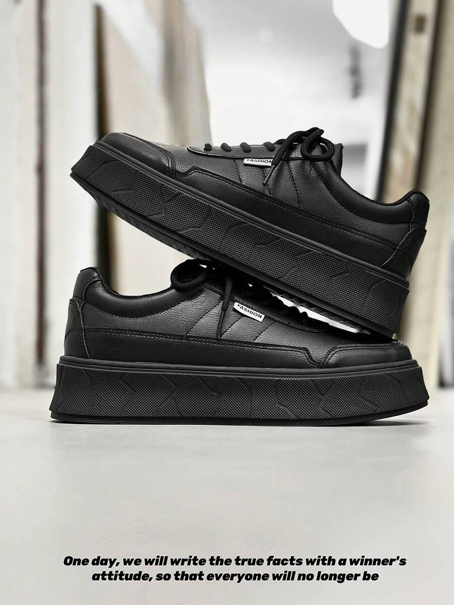 Thick Sole Round Toe Breathable Student Lace-Up Canvas Shoes Men, Solid Color Small Leather Casual Skate Shoes, Anti-Slip Work Shoes - Black - View 1