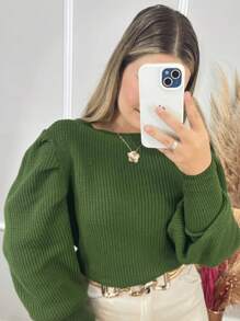 Women's Winter Cold Weather Puff Sleeve Princess Long Pleated Knit Sweater Top - Army Green - View 2