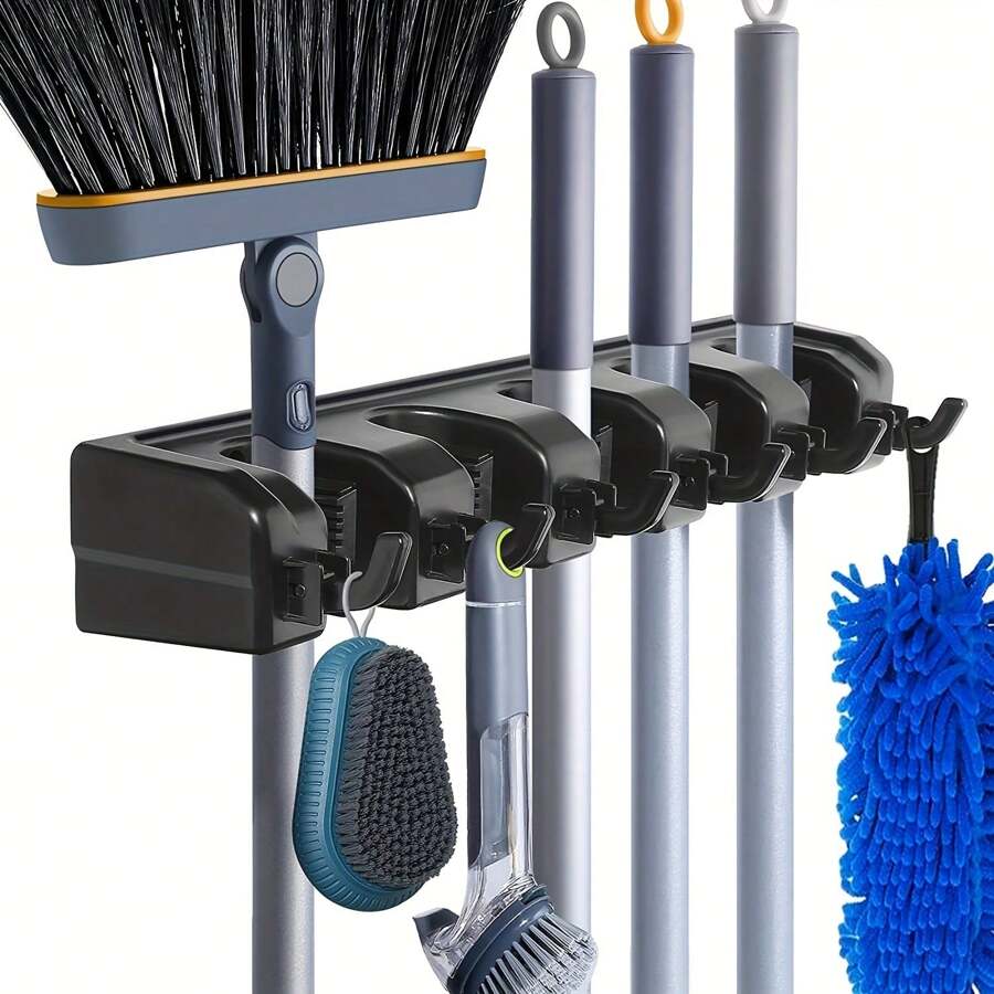 Wall Mounted Mop Holder 3/4/5 Position Multi-Functional Broom Hanger Shelf Home Kitchen Storage Black Magic Plastic Mop Holder - Multicolor - View 1