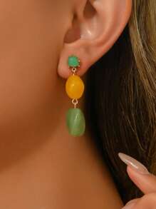 2pcs Set Elegant Fashion Bohemian Faux Jade Resin Pendant Tassels, Candy-Color ABS Resin & Golden Stud Earrings For Women, Versatile For Daily/Vacation Wear, Slight Color/Pattern Variation Is Normal Due To Resin Dyeing