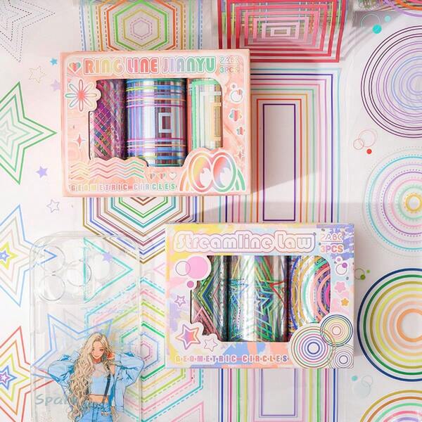 3 Rolls/Box Magical World Sticker Set, Creative Layout Stickers Suitable For Notebooks, Diaries, DIY Decorations, Includes Heart-Shaped, Geometric Elements, PET Film Self-Adhesive Back To School