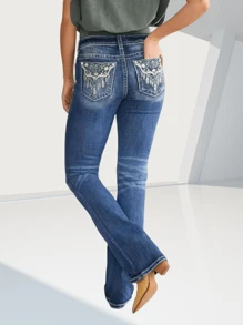 Women's Jeans Feather Flower Embroidery Mid Rise Stretchy Bootcut Slim Wide Leg Pants  Bootcut Jeans For Women Embroidered Mid Rise Curvy Jeans Stretchy Tummy Control Flare Denim Pants With Pockets - Blue - View 3