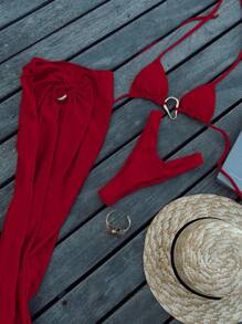 Valentine's Day New Sexy Elegant Red Solid 3 PiecesBikini Swimsuit, Suitable For Beach, Resort, Party, Date, Spring/Summer - Red - View 1