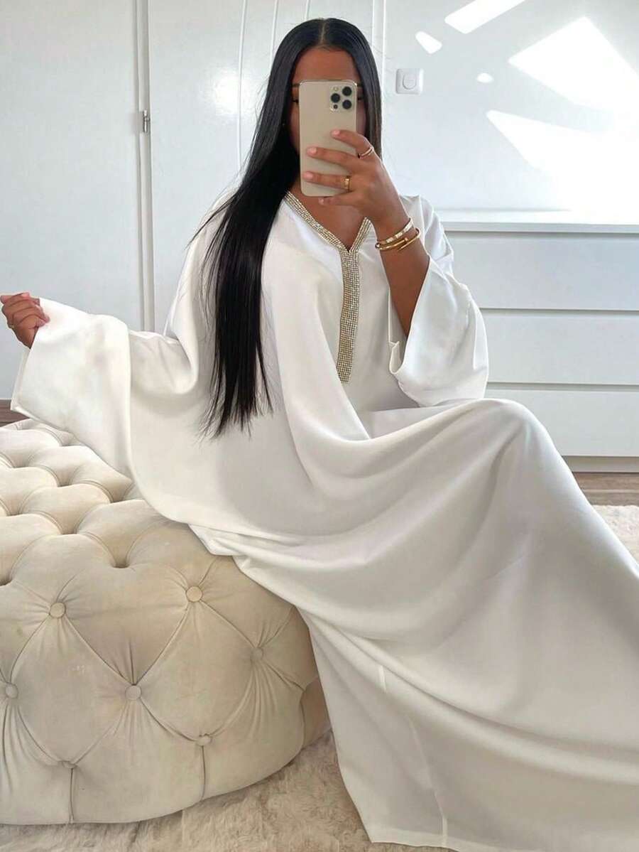 1 件女式水钻镶嵌闪亮连衣裙，时尚蝙蝠袖金属闪亮长袍，百搭日常搭配头巾，端庄