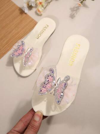 New Transparent Butterfly Decor White Slide Sandals, & Versatile Flat Slip-On Suitable For Parties And Daily Outfits, Suitable For Teenagers