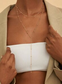 1pc 18K Gold Plated Stainless Steel Double Layer Beaded Y Necklace, Elegant Simple Design Long Tassel Multilayer Necklace Suits Women And Girls - Gold - View 5