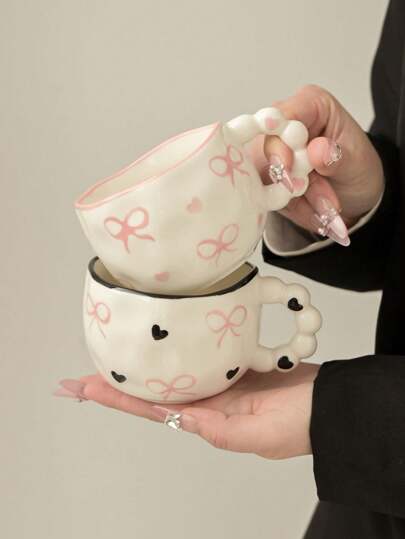 1 件陶瓷串珠蝴蝶结马克杯，韩式 Ins 风格可爱女士咖啡杯，手绘心形蝴蝶结杯，高品质下午茶杯，返校礼物