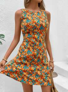 Vestido floral corto sexy dama mujer tejido stretch ajustado cuello redondo tirantes anchos posterior con abertura en cintura ideal para playa calor día jardín evento fiesta primavera verano - Naranja - Ver 1