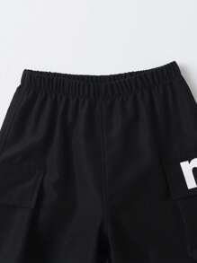 1pc Young Boy Black Lightweight 3/4 Pants With Functional Side Pockets - Black - View 4