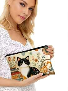1pc Cute Cat Pattern Cosmetic Bag, Funny Cat Toiletry Bag, Portable Travel Organizer Pouch, Women Handbag, Summer Bag, Ramadan Bag, Makeup Bag, Wallet, Backpack, Holiday Essential, Holiday Travel Essential, Travel Bag, Travel Accessory - Blue - View 4