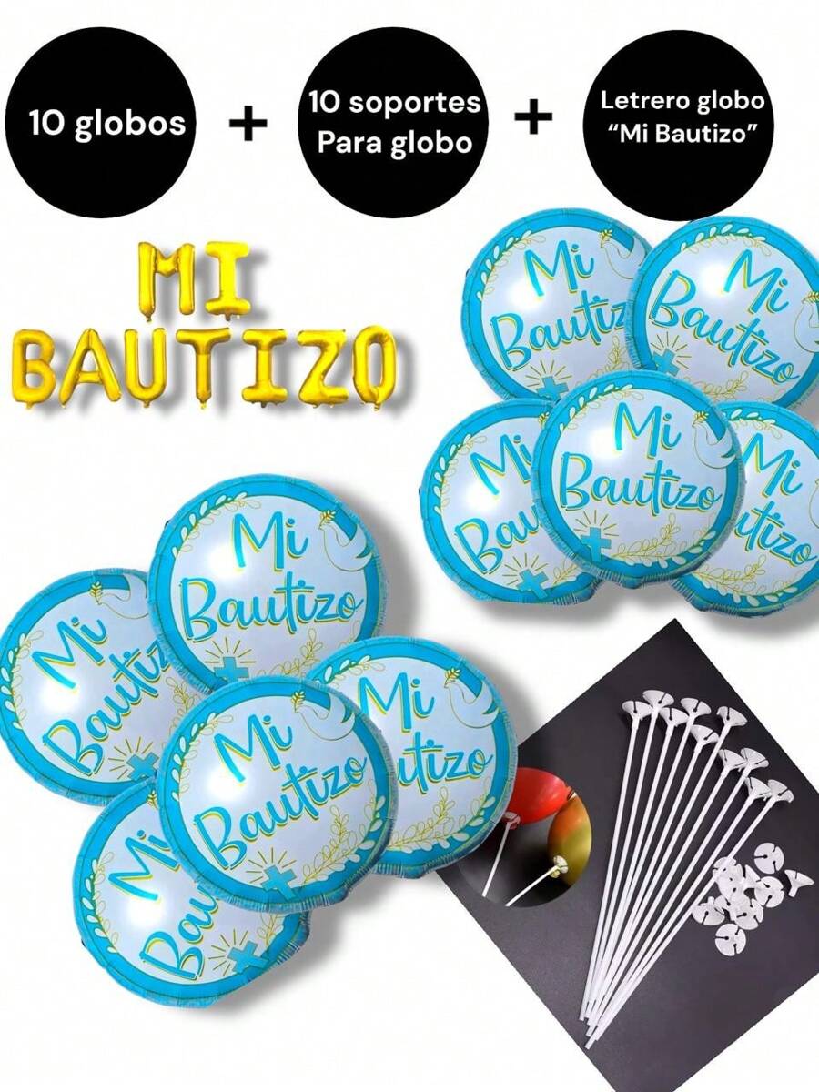 10 Globos de bautizo frase "MI BAUTIZO" azul para niño de 18 pulgadas 45 cm ideal para adornar tu fiesta de bautizo, arreglo de mesa de bautizo, globo decorativo