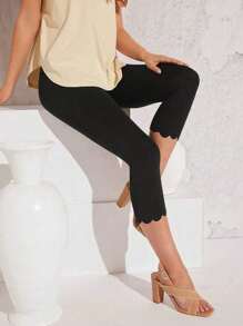 Plus Size Women Casual Elastic Capri Leggings, Solid Color Polyester Knit, Asymmetric Hemline Elastic Waist, Suitable For Spring/Summer, All Season Base Layer Tights