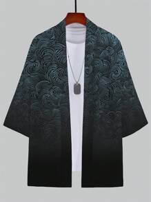 Men's Olive Green Floral Retro Pattern Kimono Style Clothing, Beach Casual Shirt